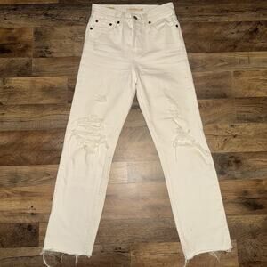 Levi's Womens Wedgie Straight Jeans 24 White Raw Hem Button Fly Premium Distress